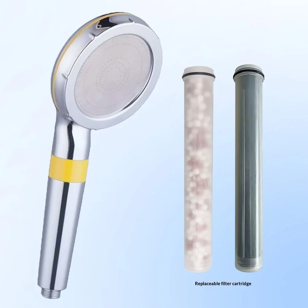 Supplier photo: the shower head beside two replacement cartridges